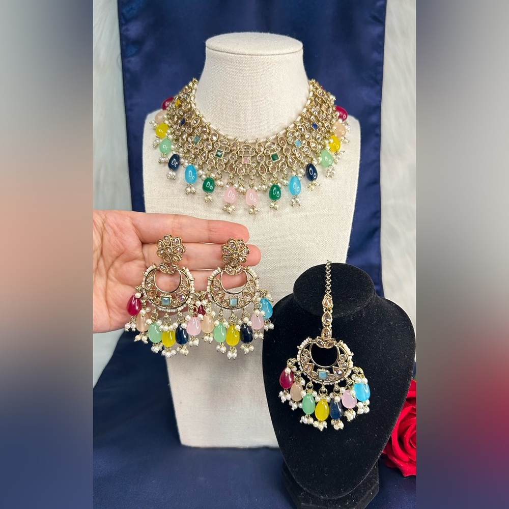 Multi Indian Polki Necklace With Earring And Tikka